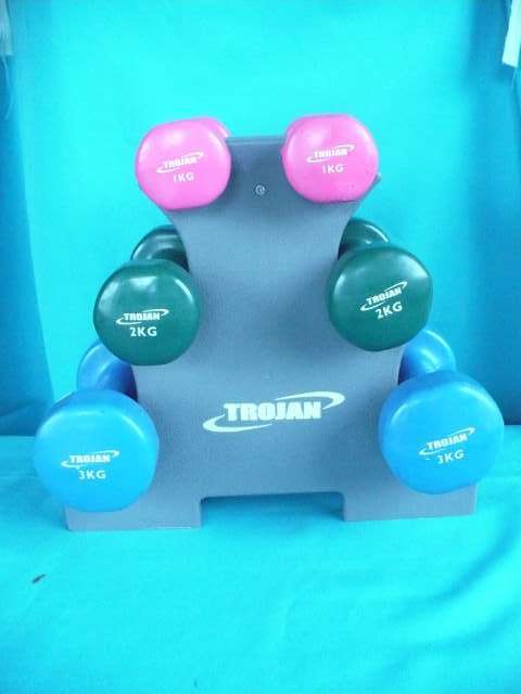 3 PAIRS TROJAN DUMBELLS ON STAND