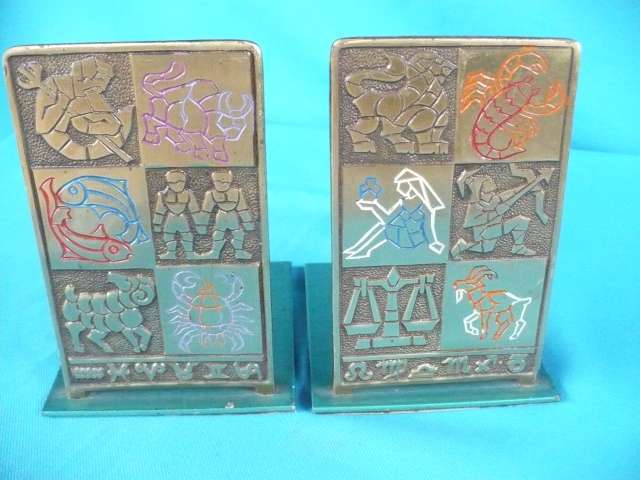 PAIR BRASS SIGNS OF THE ZODIAC BOOKENDS