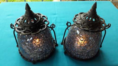 PAIR BLUE MOSAIC GLASS TEA CANDLE LAMPS
