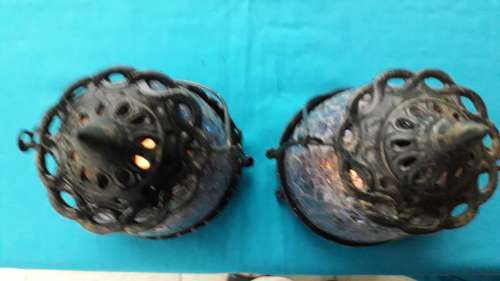 PAIR BLUE MOSAIC GLASS TEA CANDLE LAMPS