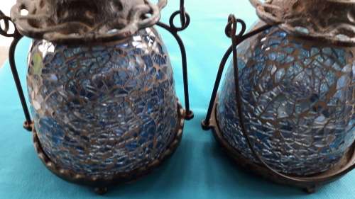 PAIR BLUE MOSAIC GLASS TEA CANDLE LAMPS