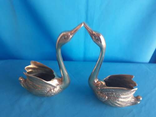 PAIR  VINTAGE BRASS SWAN VASES/PLANTERS