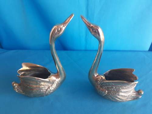 PAIR  VINTAGE BRASS SWAN VASES/PLANTERS