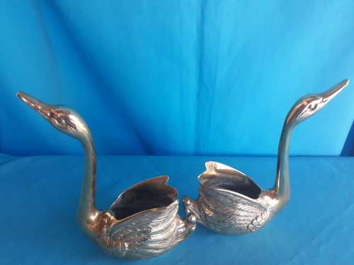 PAIR  VINTAGE BRASS SWAN VASES/PLANTERS