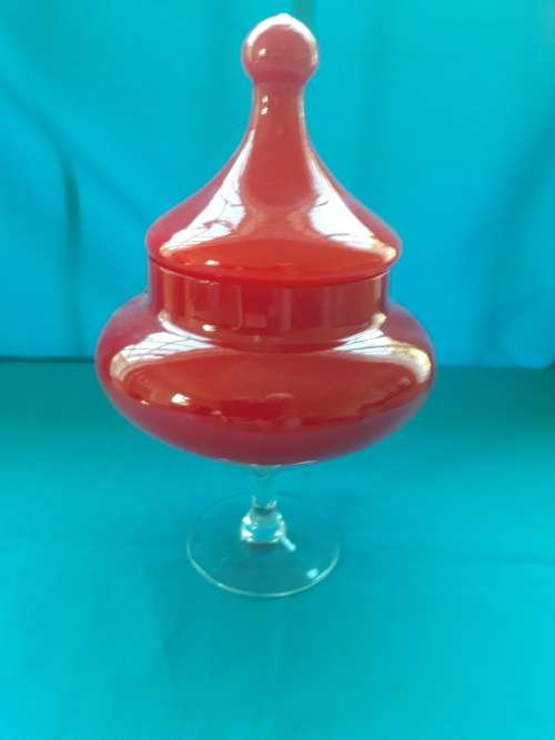 RED GLASS STEMMED & LIDDED JAR