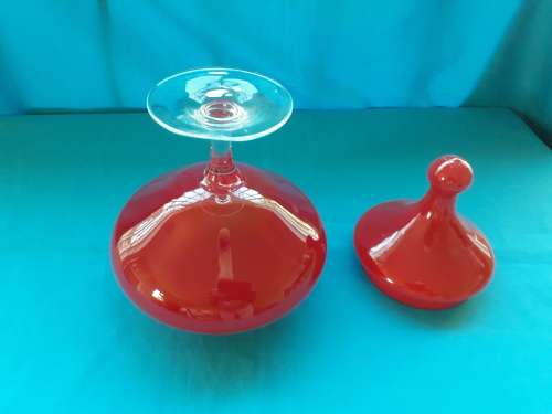RED GLASS STEMMED & LIDDED JAR