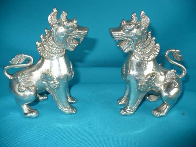 PAIR FOO DOGS SILVER PLATED SOLID BRASS