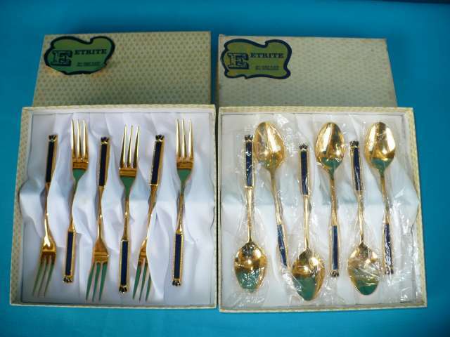 24 CT GOLD PLATED EETRITE CAKE FORKS AND TEASPOONS