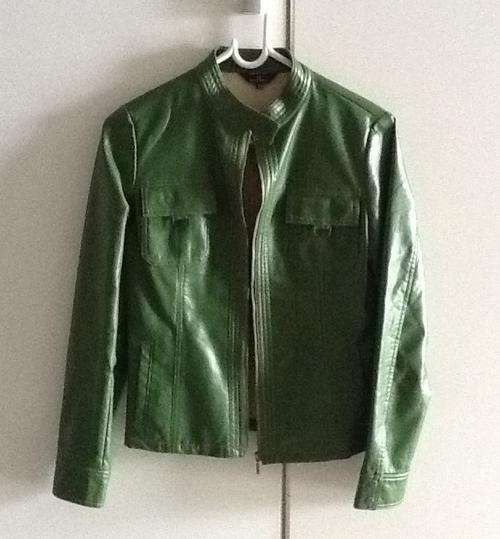 JS Design Stand Collar Artificial Leather Coat, Green, Size: S, amazing price