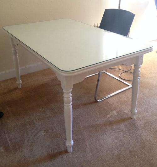 MUST BE GONE BY FRIDAY: Wooden table/desk - painted white with glass top URGENT