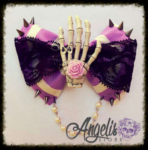 Gothic Skelly Hand Purple and Lace Spike Bow