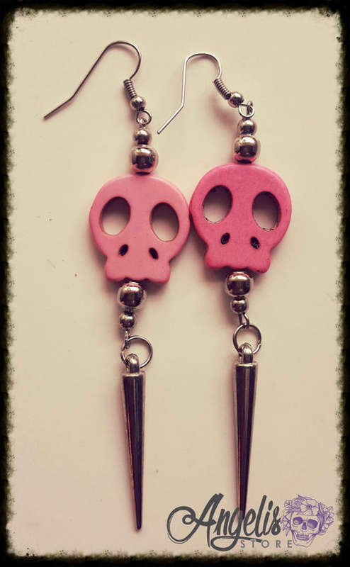 Pink Flat Howlite Skull with Vampire Spike Earrings