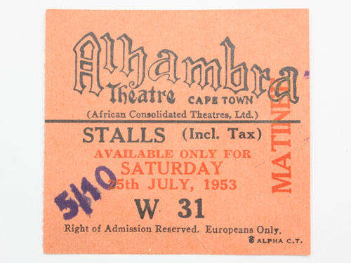 Historical Apartheid Era Theatre ticket - Europeans only