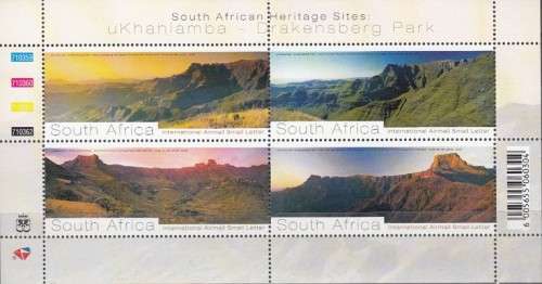 RSA Mini Sheet of Four SA Heritage Sites Drakensburg Park Stamps 2008 (Fave Value R 46.40)