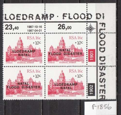 RSA Block of 4 - 16c Stadsaal Durban Stamps with 10c Surchage and NATAL FLOOD DISTATER Overprint
