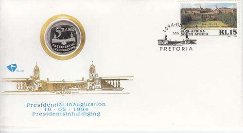 RSA 1994 FDC 6.3c Presidential Inaugaration, Mandela, Original Proof Coin, As Issued. As Image.