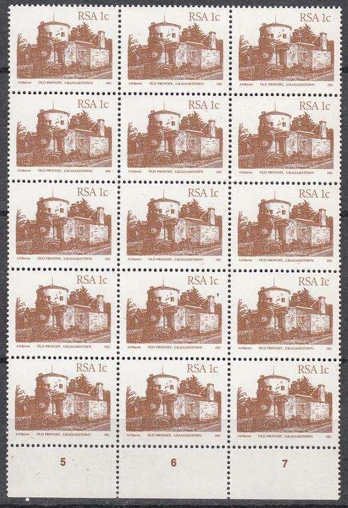 RSA Block of 15, 1c Old Provost Gramemstown Stamps (4th Defin). As Image.