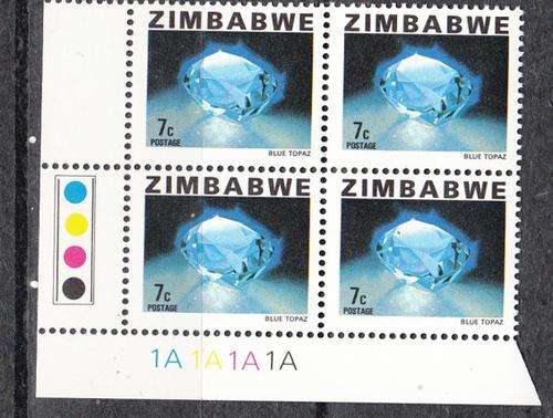 Zimbabwe Control Block of Four 7c Blue Topaz Stamps, Mint. As Image.
