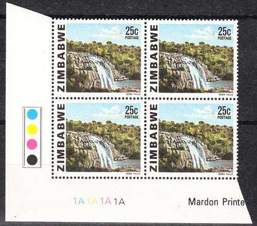 Zimbabwe Control Block of Four 25c Goba Falls Stamps, Mint. As Image.