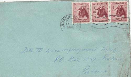 Union Postal Item Front Cover Only Johannesburg Post Mark Dated 27-X-60. As Image.