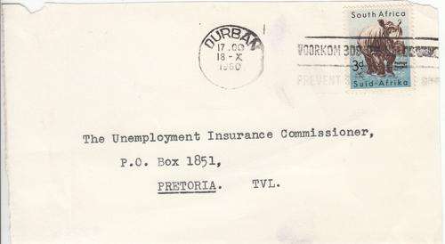 Union Postal Item Front Cover Only Durban Post Mark Dated 18-X-1960. As Image.