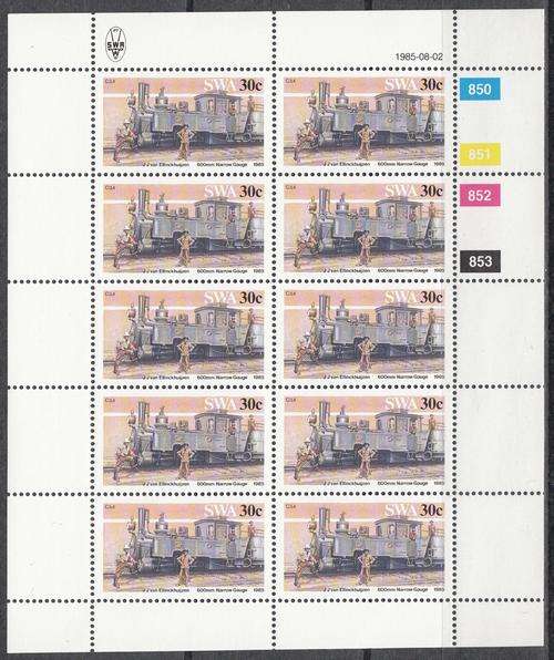 SWA Sheet of Ten 30c, 0-6-2 Side-Tank Locomotive Stamps.