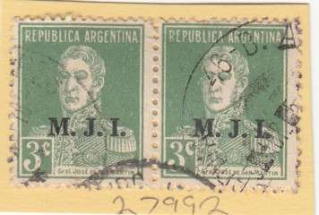 Argentina Pair of Stamps With M.J.I. Overprint (Justice & Science Ministry)