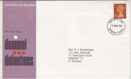 GB FDC 11 Aug 1971, 10p QEII Stamp.