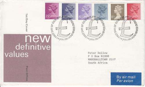 GB FDC 14 JAN 1981 Group of Six QEII Stamps (25p Marked).