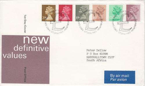 GB FDC 27 JAN 1982 Group of Six QEII Stamps.