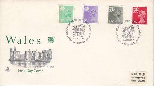 Wales FDC 24 FEB 1982, Group of Four QEII Stamps (12 1/2p, 15 1/2p, 19 1/2p & 26p).