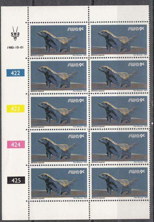 SWA Block of Ten 9c Mellivora Carensis Stamps (3rd Definitive Issue)