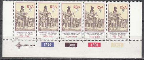 RSA Control Strip of Five Stamps University of Pretoria (Face V R 0.25)