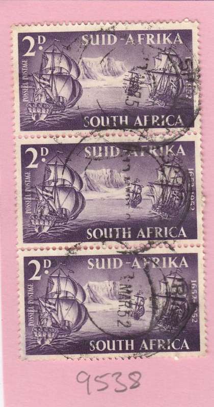 Union Strip of Three 2d Van Riebeeck Arrival Stamps. As Image.