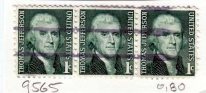 USA Strip of Three "Thomas Jefferson" Stamps. As Image.