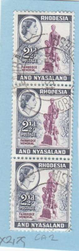 Rhodesia & Nyasaland 1959 Definitive Issue Strip of Three 2 1/2d Stamps. As Image. (Vertical Strip)