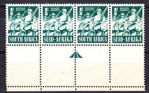 Union Strip of Four 1/2d Infantry, Bottom Gutter and Arow (Large War) SACC 87. As Image.