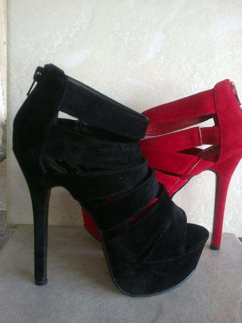 STUNNING!!! LADIES HIGH HEEL OPEN TOE STRAPPY SHOES **RED AND BLACK** (SIZE 3 - 8)