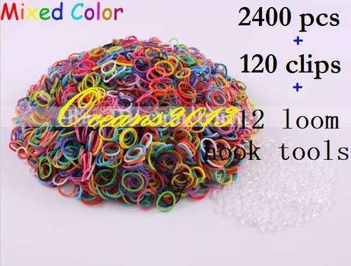 Wholesale 2400pcs Mixed Colours Band Loom Rubber Bands + 120 Clips+ 12 Loom Hook Tools