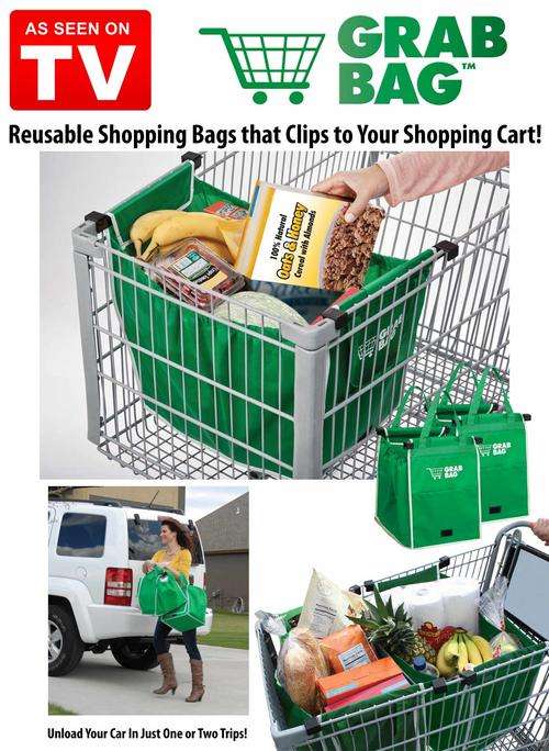 Grab Bag Deluxe Reusable Shopping Bags with Cart Clips 2-pack