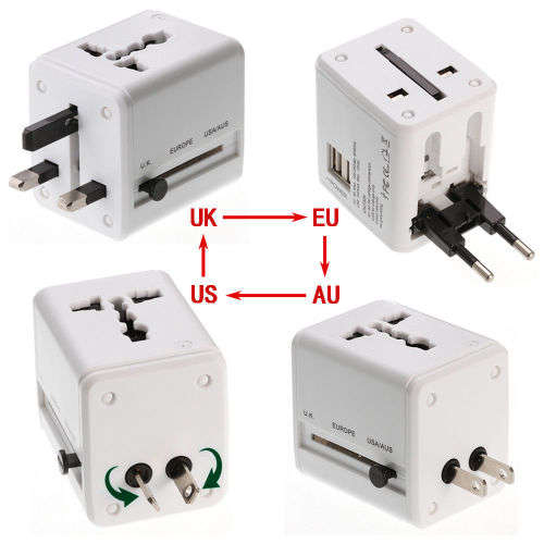 Universal Power Adapter Charger Converter World Travel US/AU/UK/EU Plug + 2 USB