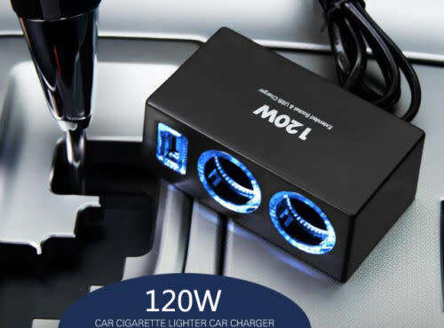 120W Car Cigarette Lighter 2 Way Socket Power Adapter USB Phone Charger Splitter