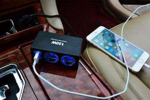 120W Car Cigarette Lighter 2 Way Socket Power Adapter USB Phone Charger Splitter