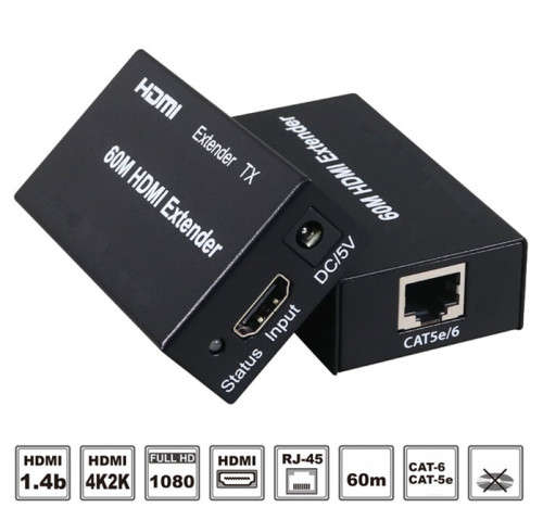 HDMI Extender 60m HDMI Transmitter Receiver over Cat 5e/6 RJ45 Single Cable Ethernet Converter