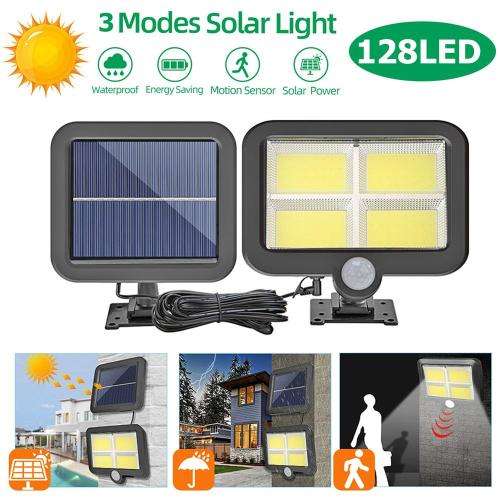 128 LED Bright COB White Solar LED Light With Split Solar Panel & Motion Sensor with Cable