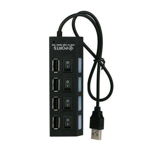 Black Hub with High Speed Adapter ON/OFF Switch 4 Port USB 2.0