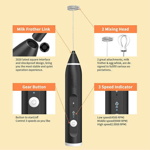 Electric Mixer Milk Frother Handheld USB Rechargeable Drink Foam Maker 3-Speed
