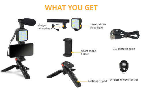 Video Vlogging Kit Microphone Light Tripod Phone Holder Remote control
