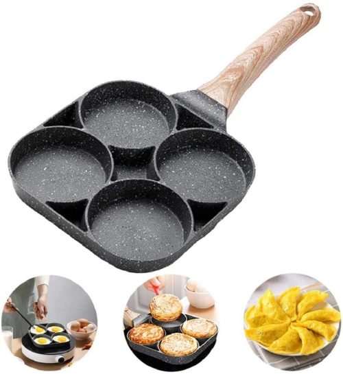 Wooden Handle Frying Pot Cook 4 Hole Omelet Pan for Burger Egg Ham Pancake Maker