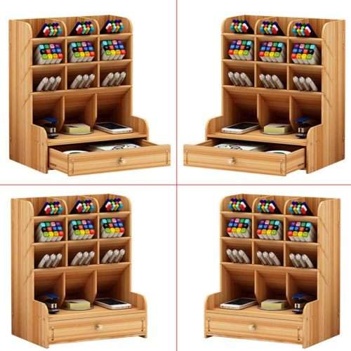 Multi-Functional Desk Organizer Wood Shelf Organizer DIY Pen Holder Box Desktop Stationary Office